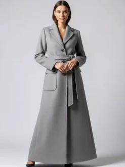 Belted Full Length Maxi Woolen Coat With Lapel And Big Pockets For Women 2026