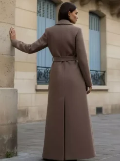 Belted Full Length Maxi Woolen Coat With Lapel And Big Pockets For Women 2026