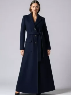 Belted Full Length Maxi Woolen Coat With Lapel And Big Pockets For Women 2026