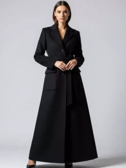 Belted Full Length Maxi Woolen Coat With Lapel And Big Pockets For Women 2026