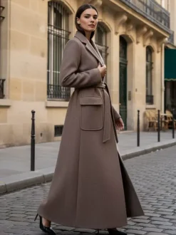 Belted Full Length Maxi Woolen Coat With Lapel And Big Pockets For Women 2026