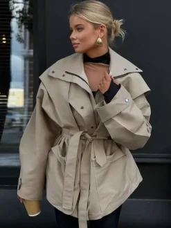 Belted Safari Jacket Khaki Coat For Women 2026