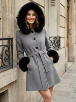 Belted Wool Blend Hooded Coat with black Faux fur cuffs For Women 2026