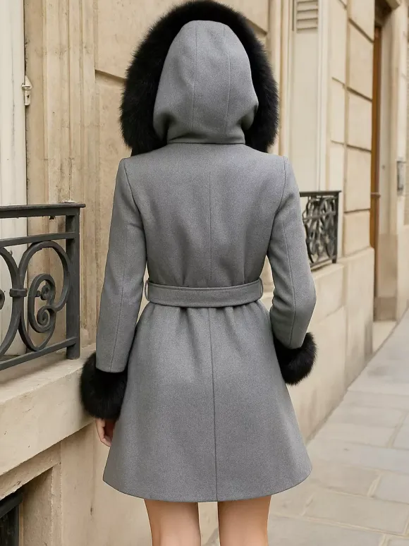 Belted Wool Blend Hooded Coat with black Faux fur cuffs For Women 2026