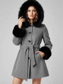 Belted Wool Blend Hooded Coat with black Faux fur cuffs For Women 2026