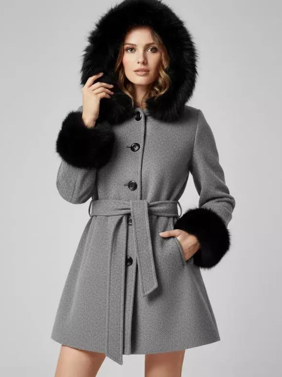 Belted Wool Blend Hooded Coat with black Faux fur cuffs For Women 2026