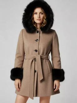 Belted Wool Blend Hooded Coat with black Faux fur cuffs For Women 2026