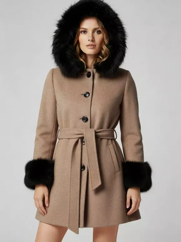 Belted Wool Blend Hooded Coat with black Faux fur cuffs For Women 2026