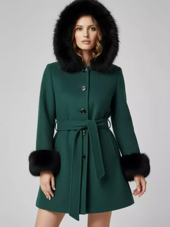 Belted Wool Blend Hooded Coat with black Faux fur cuffs For Women 2026