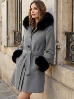 Belted Wool Blend Hooded Coat with black Faux fur cuffs For Women 2026