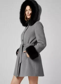 Belted Wool Blend Hooded Coat with black Faux fur cuffs For Women 2026