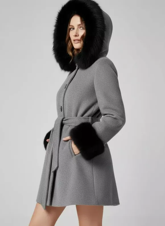 Belted Wool Blend Hooded Coat with black Faux fur cuffs For Women 2026