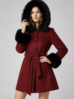 Belted Wool Blend Hooded Coat with black Faux fur cuffs For Women 2026