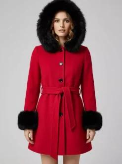 Belted Wool Blend Hooded Coat with black Faux fur cuffs For Women 2026