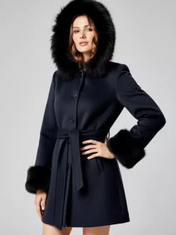 Belted Wool Blend Hooded Coat with black Faux fur cuffs For Women 2026