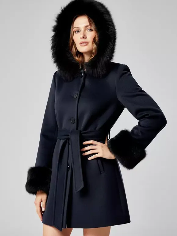 Belted Wool Blend Hooded Coat with black Faux fur cuffs For Women 2026