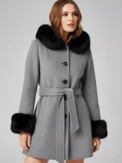 Belted Wool Blend Hooded Coat with black Faux fur cuffs For Women 2026