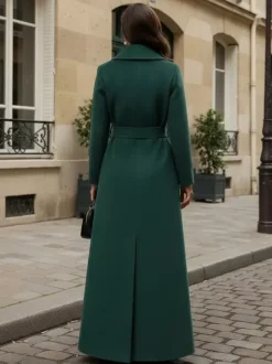 Belted Woolen Full-Length Maxi Coat With Wide Shawl Collar For Women 2026