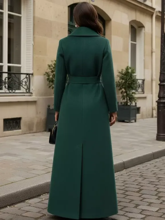 Belted Woolen Full-Length Maxi Coat With Wide Shawl Collar For Women 2026