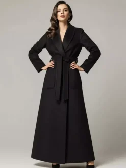 Belted Woolen Full-Length Maxi Coat With Wide Shawl Collar For Women 2026