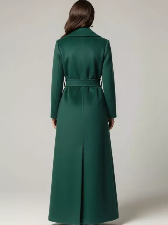 Belted Woolen Full-Length Maxi Coat With Wide Shawl Collar For Women 2026