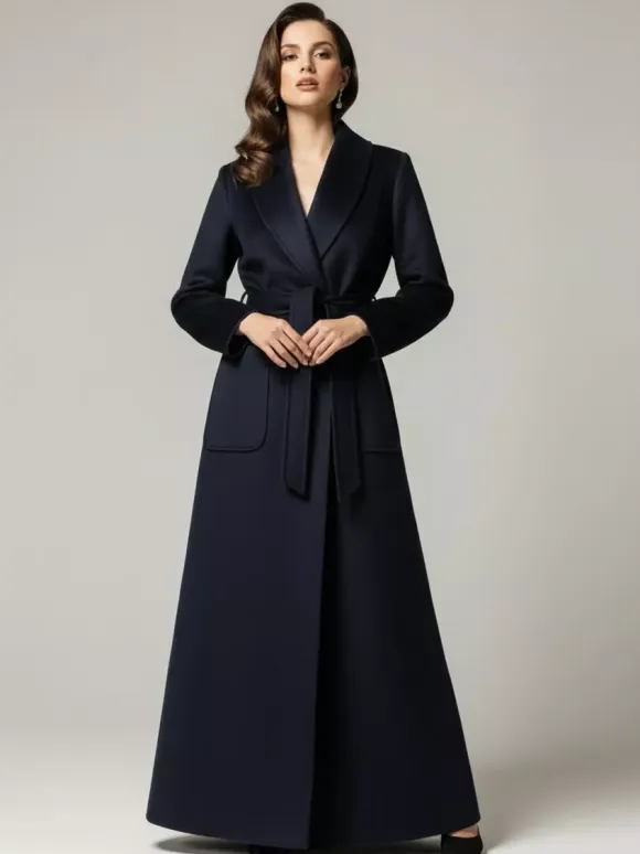Belted Woolen Full-Length Maxi Coat With Wide Shawl Collar For Women 2026
