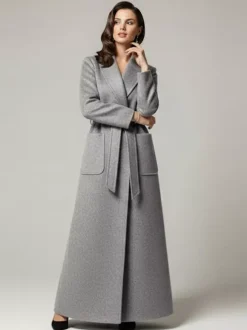 Belted Woolen Full-Length Maxi Coat With Wide Shawl Collar For Women 2026