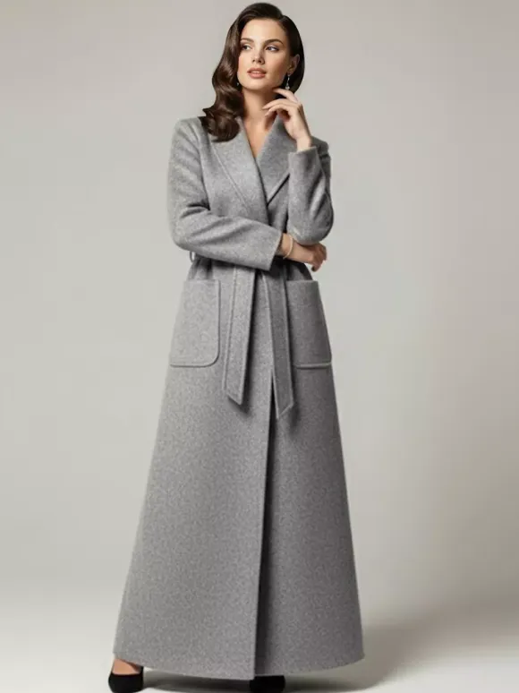 Belted Woolen Full-Length Maxi Coat With Wide Shawl Collar For Women 2026