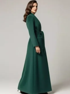 Belted Woolen Full-Length Maxi Coat With Wide Shawl Collar For Women 2026