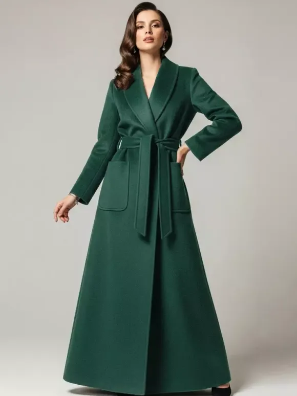 Belted Woolen Full-Length Maxi Coat With Wide Shawl Collar For Women 2026
