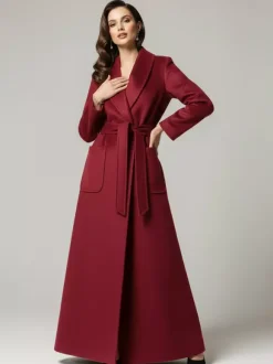 Belted Woolen Full-Length Maxi Coat With Wide Shawl Collar For Women 2026