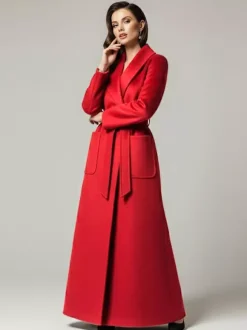 Belted Woolen Full-Length Maxi Coat With Wide Shawl Collar For Women 2026