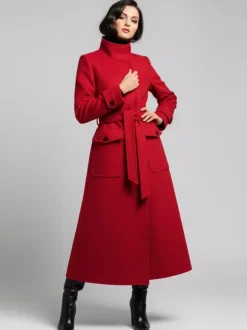 Belted Woolen Stand-Collar Long Winter Coat With Functional Pockets For Women 2026