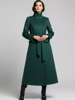 Belted Woolen Stand-Collar Long Winter Coat With Functional Pockets For Women 2026