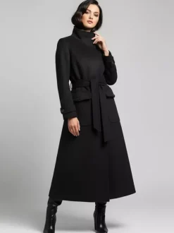 Belted Woolen Stand-Collar Long Winter Coat With Functional Pockets For Women 2026