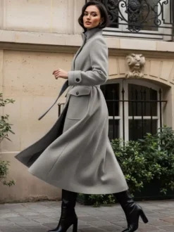 Belted Woolen Stand-Collar Long Winter Coat With Functional Pockets For Women 2026