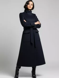 Belted Woolen Stand-Collar Long Winter Coat With Functional Pockets For Women 2026