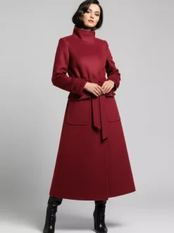 Belted Woolen Stand-Collar Long Winter Coat With Functional Pockets For Women 2026