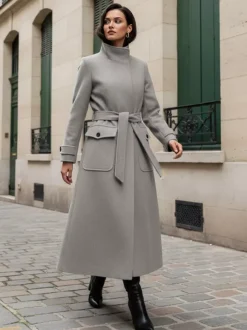 Belted Woolen Stand-Collar Long Winter Coat With Functional Pockets For Women 2026