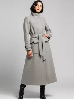 Belted Woolen Stand-Collar Long Winter Coat With Functional Pockets For Women 2026