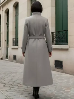 Belted Woolen Stand-Collar Long Winter Coat With Functional Pockets For Women 2026
