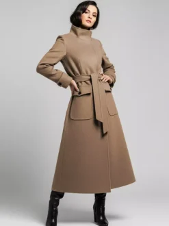 Belted Woolen Stand-Collar Long Winter Coat With Functional Pockets For Women 2026