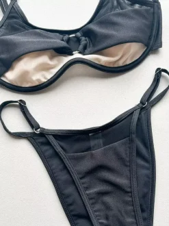 Bikini Swimsuit For Women Black Metal Details Sheer Summer Sexy Swimwear