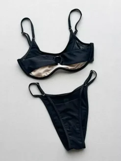 Bikini Swimsuit For Women Black Metal Details Sheer Summer Sexy Swimwear