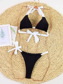 Bikinis Two-Tone Halter Triangle Sexy Thong Beach 2 Pieces Set