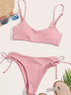 Bikini Swimsuit For Women Pink Lace Up Summer Beach Bathing Suits