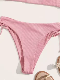 Bikini Swimsuit For Women Pink Lace Up Summer Beach Bathing Suits