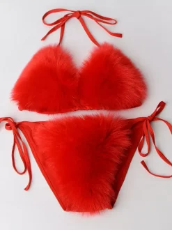 Bikini Swimsuit For Women Rose Faux Fur Summer Sexy Swimming Suits