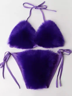 Bikini Swimsuit For Women Rose Faux Fur Summer Sexy Swimming Suits