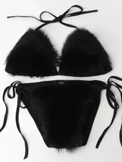 Bikini Swimsuit For Women Rose Faux Fur Summer Sexy Swimming Suits
